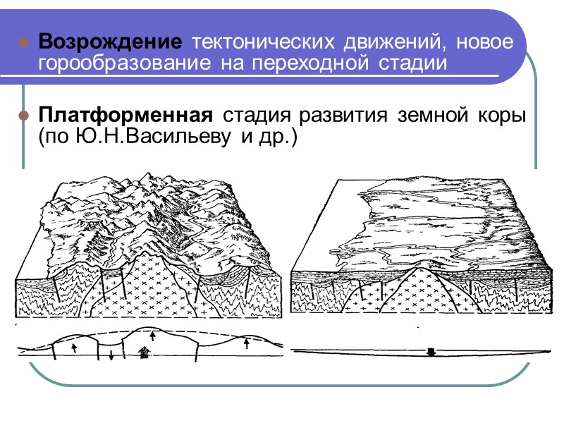 Возрождение тектонических движений, новое горообразование на переходной стадии   Платформенная стадия развития земной